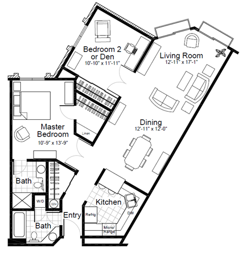 Floor plan for 2 beds, 1.8 baths, 1110 sqft